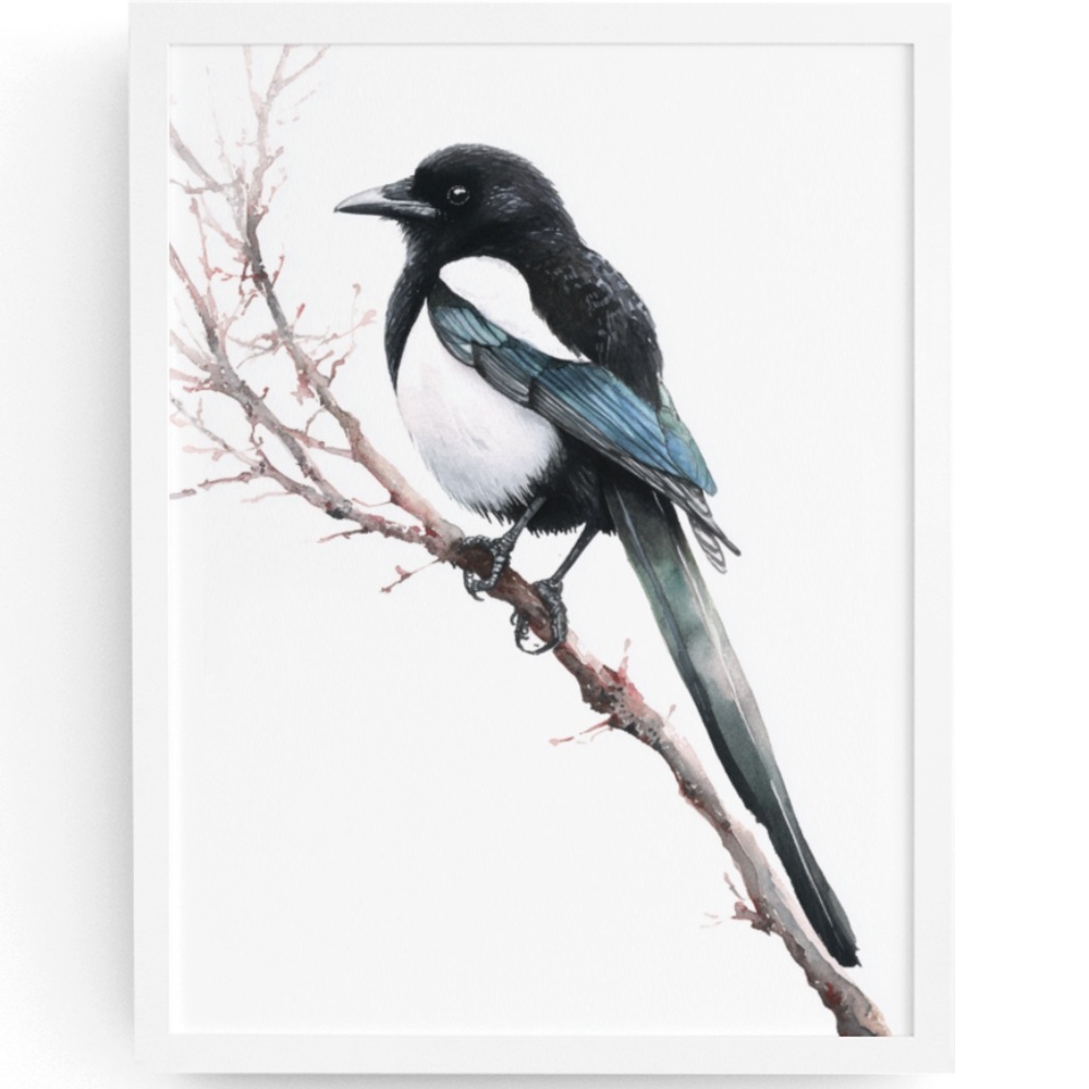 Watercolor Magpie Bird Wall Art Print, Unframed - Elegant Nature-Inspired Decor